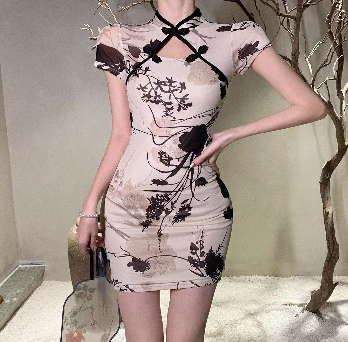 Fashion Simple Qipao Young Girls, High-end Retro Print, Waist-cinching Slimming Improved Chinese-style Dress For Women_ecoleips.com