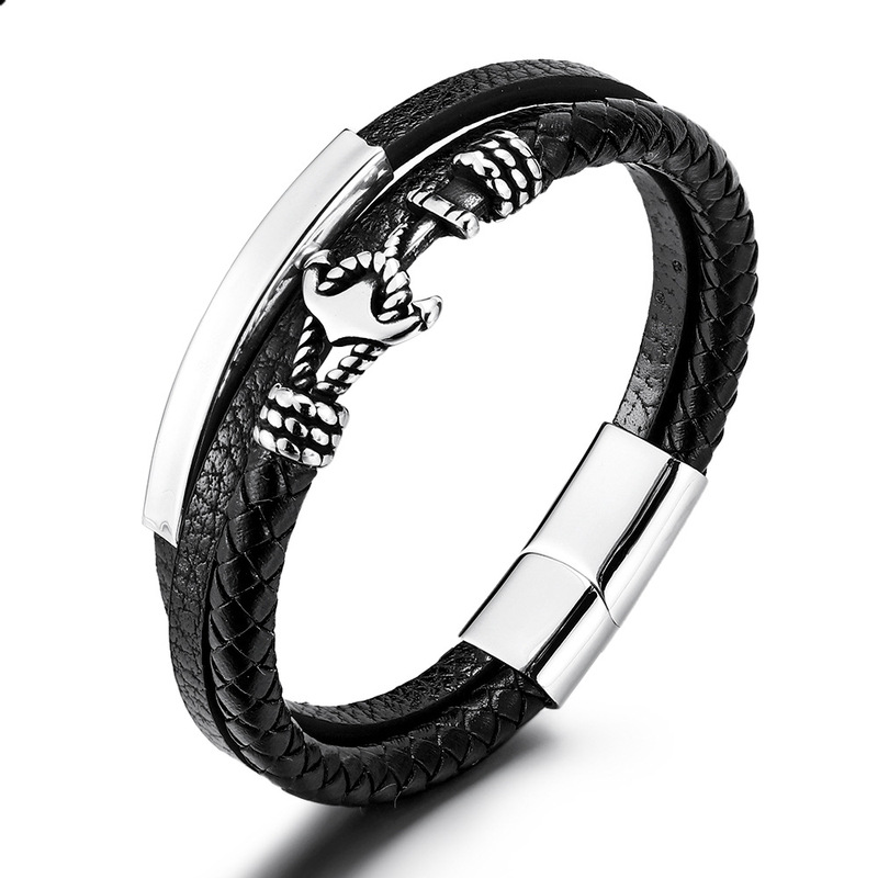 European and American fashion stainless steel anchor leather bracelet men's multi-layer cowhide woven foreign trade titanium steel bracelet cross-border jewelry