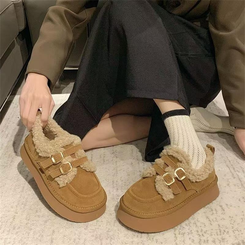 두꺼운 밑창 스노우 부츠 여성의 Maillard Lefu 코튼 슈즈 2024 새로운 겨울 기모 스텝 인 레트로 버켄 네스 슈즈
