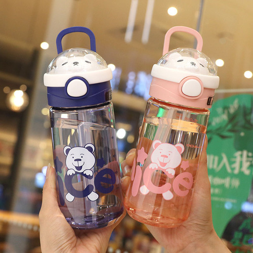 New children's straw cup, drop-resistant cartoon English bear, elementary school student, kindergarten baby plastic water cup