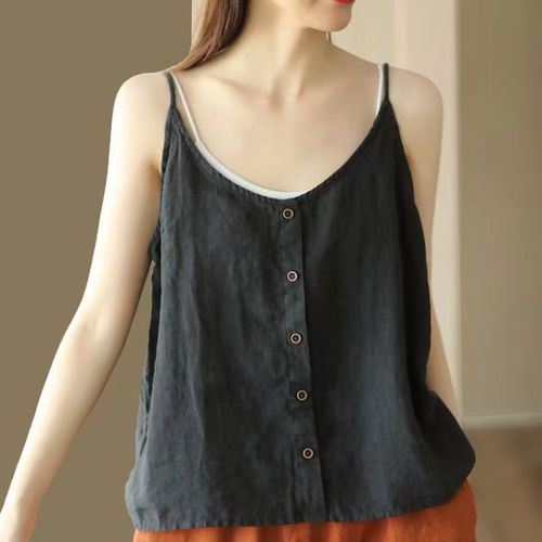 Cross-border cotton and linen strappy tank top summer new literary retro women's top button decoration thin loose inner wear base layer