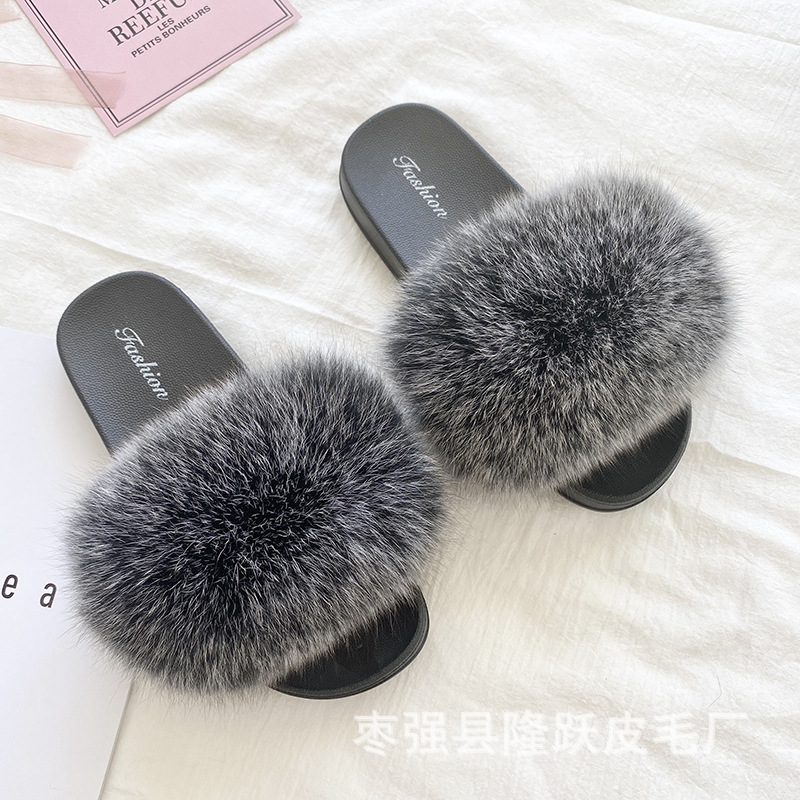 Amazon transfronterizo zapatillas de pelo de zorro real zapatillas de pelo de fondo plano zapatillas de pelo de mujer zapatillas de pelo de verano nuevas exportaciones