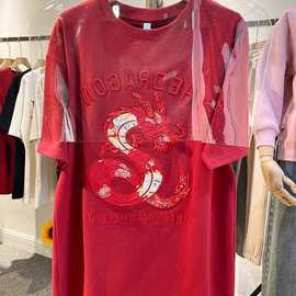 龙年本命年红色打底衫女冬季新款设计感重工刺绣磨毛加厚短袖t恤
