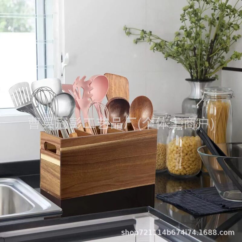 Cross-Border Compartmentalized Cutlery Rack, Chopsticks and Spoon Wooden Box, Rectangular Portable Storage Box, Wood-Burned Kitchen Countertop Knife and Fork Storage Box