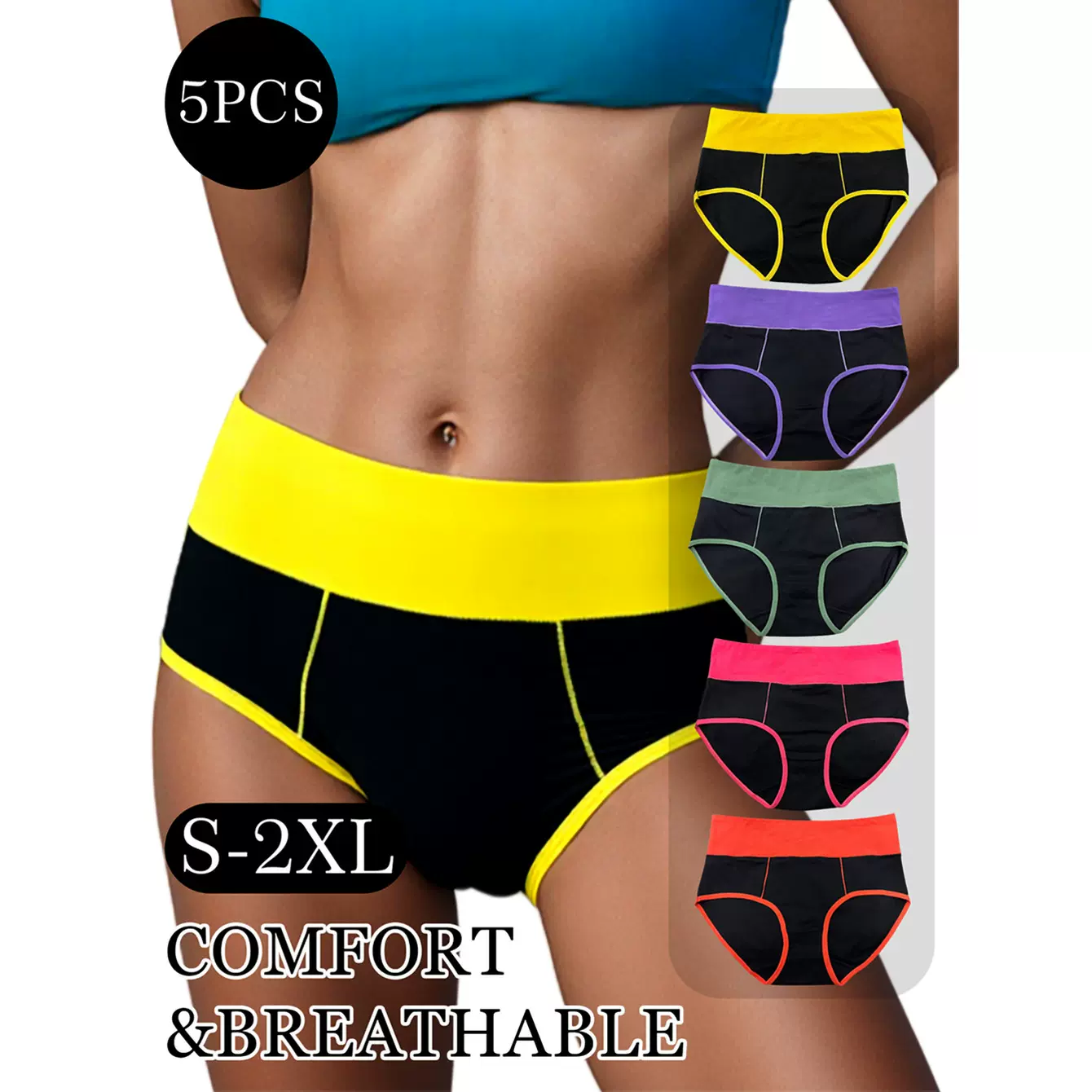 跨境欧美码纯棉时尚撞色女士内裤三角裤高腰大码宽松内裤三角裤女