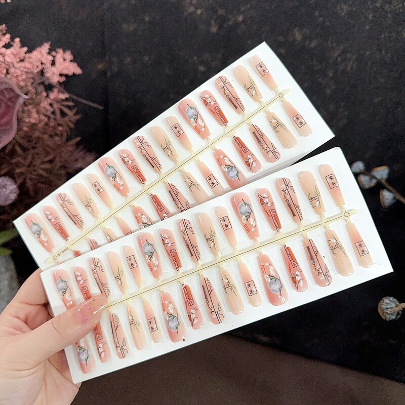S463-Pre-Made Nails in New Chinese Style, National Style Hibiscus Flower Design, Chinese Aesthetic, Detachable Nail Pieces S463-Pre-Made Nails in New Chinese Style, National Style Hibiscus Flower Design, Chinese Aesthetic, Detachable Nail Pieces
