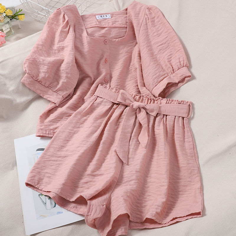 2026 Women's Summer New Set: Square-Neck Puff-Sleeve Short-Sleeve Top and Elastic High-Waisted Wide-Leg Shorts for Petite Sizes