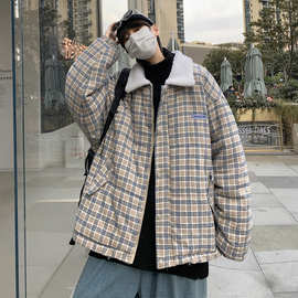 冬季新款男韩版潮流羊羔毛格子棉袄情侣翻领棉服加厚宽松棉衣外套