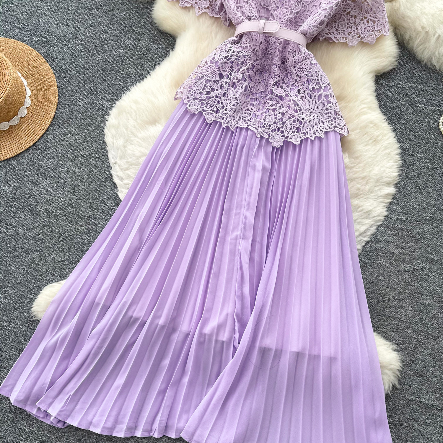 Elegant A-Line Dress Lace Trim Slimming Pleated Long Skirt Casual Professional Summer Dress For Women_ecoleips.com