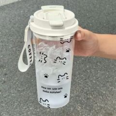 线条猫咪新款水杯运动夏季耐高温学生杯子ins高颜值防摔塑料杯