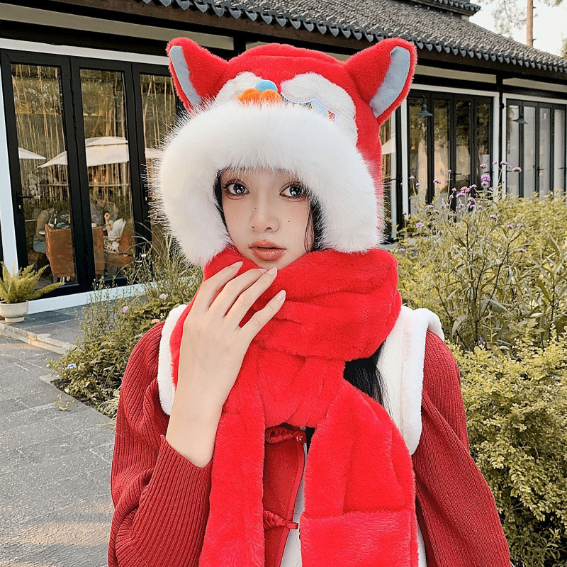 国潮醒狮红色帽子可爱学生儿童过年新年虎头帽女冬天加厚保暖毛绒|undefined