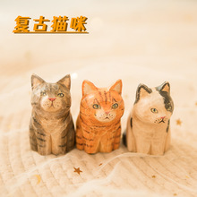 木雕复古猫创意摆件木制工艺品桌面摆件办公居家车载装饰品代发