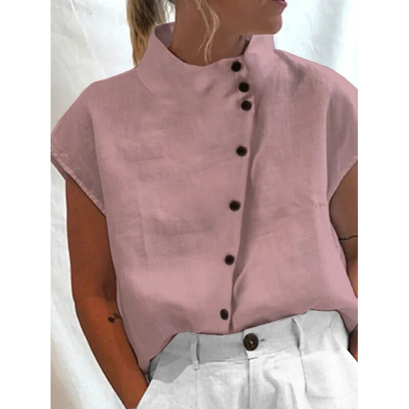 2026 Amazon Cross-Border Independent Site New Product Button-Down Stand-Up Collar Casual Shirt for Women Comfortable Casual Short-Sleeved Shirt