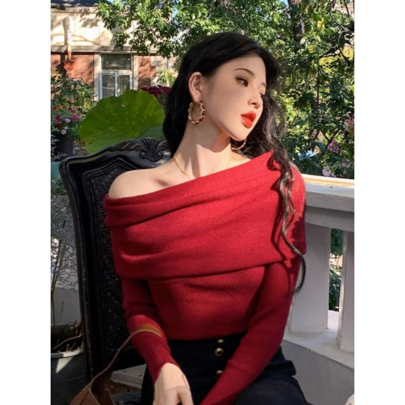 Off-The-Shoulder Red Sweater for Women, Base Layer Knit Top for Autumn and Winter, High-End Coat Inner Layer Knit Top for Women Off-The-Shoulder Red Sweater for Women, Base Layer Knit Top for Autumn and Winter, High-End Coat Inner Layer Knit Top for Women