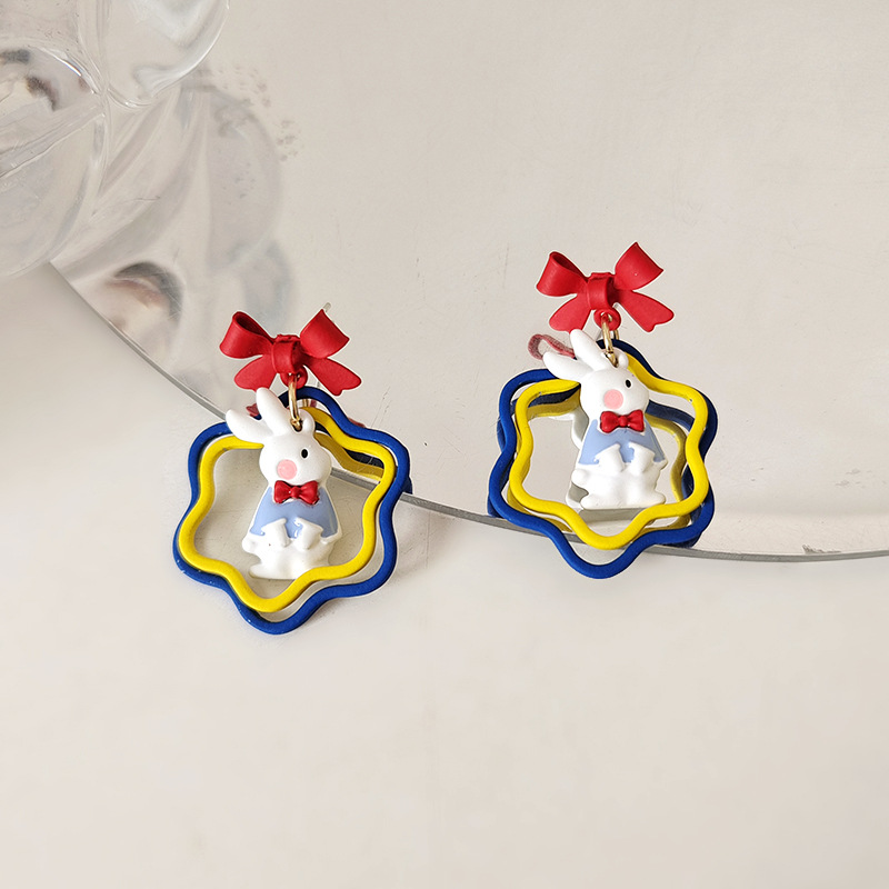 Cute Rabbit Bow Knot Alloy Enamel Stoving Varnish Earrings display picture 1