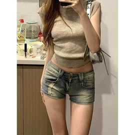 美式辣妹低腰牛仔短裤女夏季新款柳钉破洞紧身弹力包臀a热超短裤