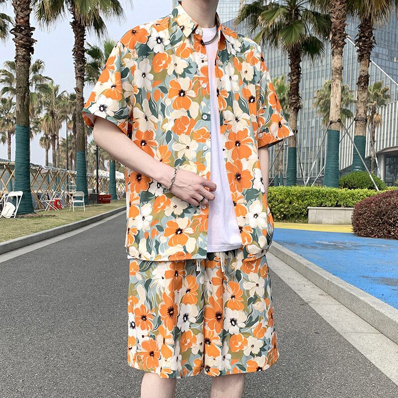 2025 새로운 여름 남성 플러스 사이즈 정장 해변 휴가 스타일 느슨한 셔츠 반팔 잘 생긴 캐주얼 투피스 세트