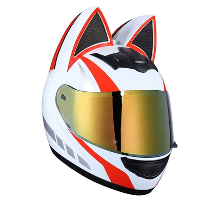 Motosiklet kaskı (dəbilqə) — for Men and Women, Full-Face - white-and-red-cat-gold-plated-lenses-s