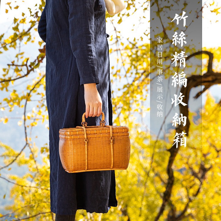 田园复古风高档竹精编化妆包手工编织提箱女款大号户外烧烤旅行篮