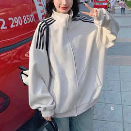 跨境拉链卫衣女三条杠立领中长款2026新款一体绒加绒卫衣女不带帽