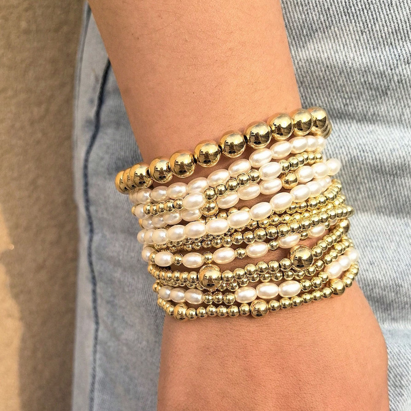 1Pc Cross-Border Hot-Selling Beaded Bracelet Gold Bead Pearl Set Bracelet Bohemian Handmade Ins Personalized Set