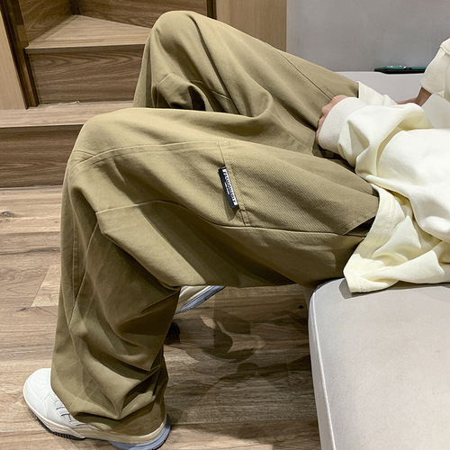 Khaki color patchwork straight-leg pants, American street-style men's design sense, niche oversized wide-leg work pants, Instagram trendy