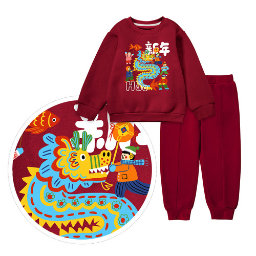 Minizone Kids' New Set: Round Neck Thick Hooded Sweatshirt with Fleece Leggings and Hoodie Top with Cartoon Design
