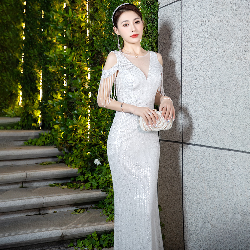 流苏宴会礼服裙女夏季新款气质长款修身连衣裙鱼尾主持人晚礼服