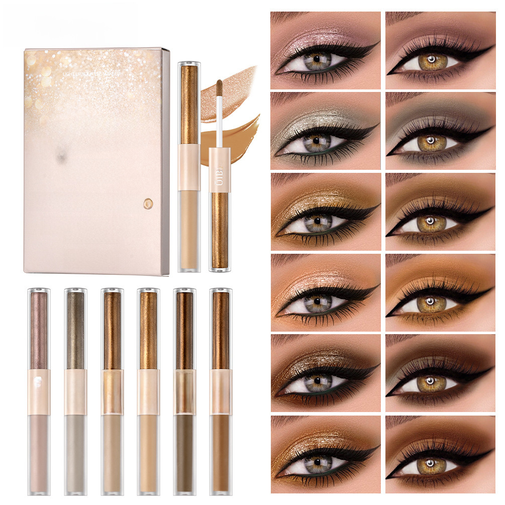 QIBEST Double Head Liquid Eyeshadow Pearlescent Matte Fine Glitter Film Natural Brightening Highlight Eyeshadow Liquid Makeup Set