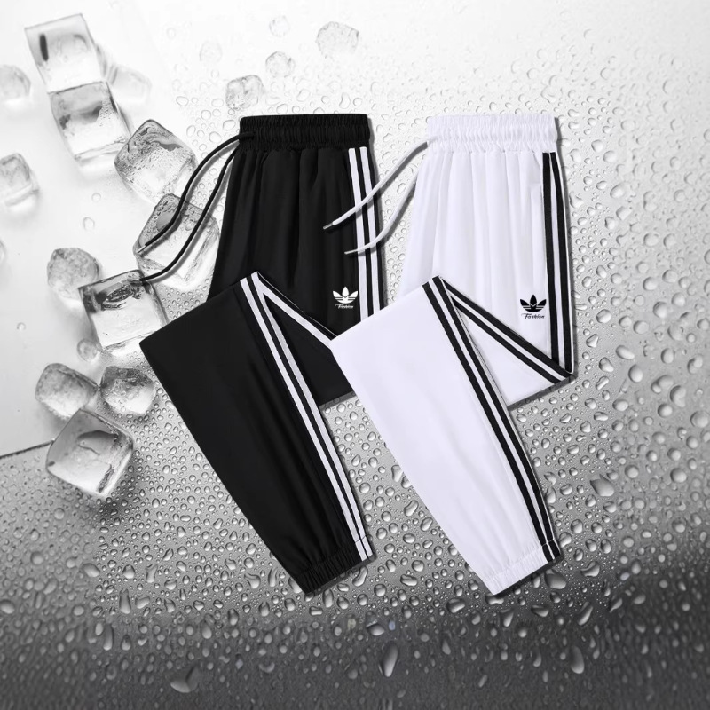 Trefoil Men's Ice Silk Sports Pants Women's Three-Stripe Quick-Dry Casual Pants Loose Fashion Trendy Couple's Cropped Pants