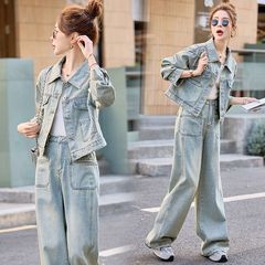 韩系牛仔套装女2025新款洋气时尚休闲百搭外套阔腿裤高级感两件套