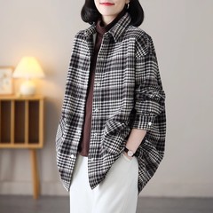 长袖格子衬衫女士2024秋款复古磨毛格纹衬衣感休闲Polo领上衣