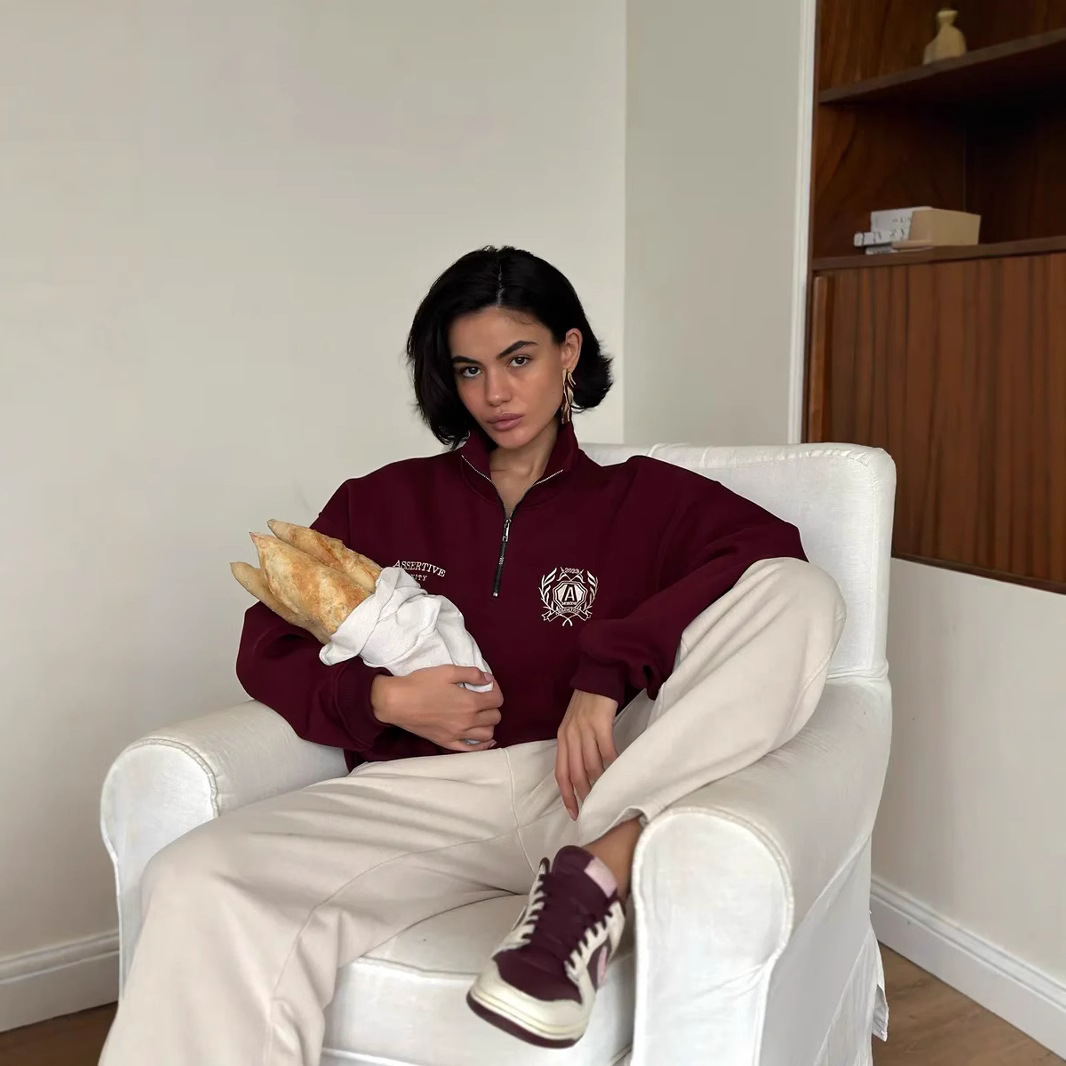 Long-Sleeved Polo Slimming Look European and American Sweatshirt American New Style Velvet Thickeneded Loose Autumn and Winter Outwear Lapel Zipper Top