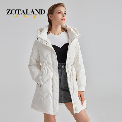 佐丹蘭女款羽絨服修身中長款連帽冬季羽絨服歐美風白鴨絨羽絨服