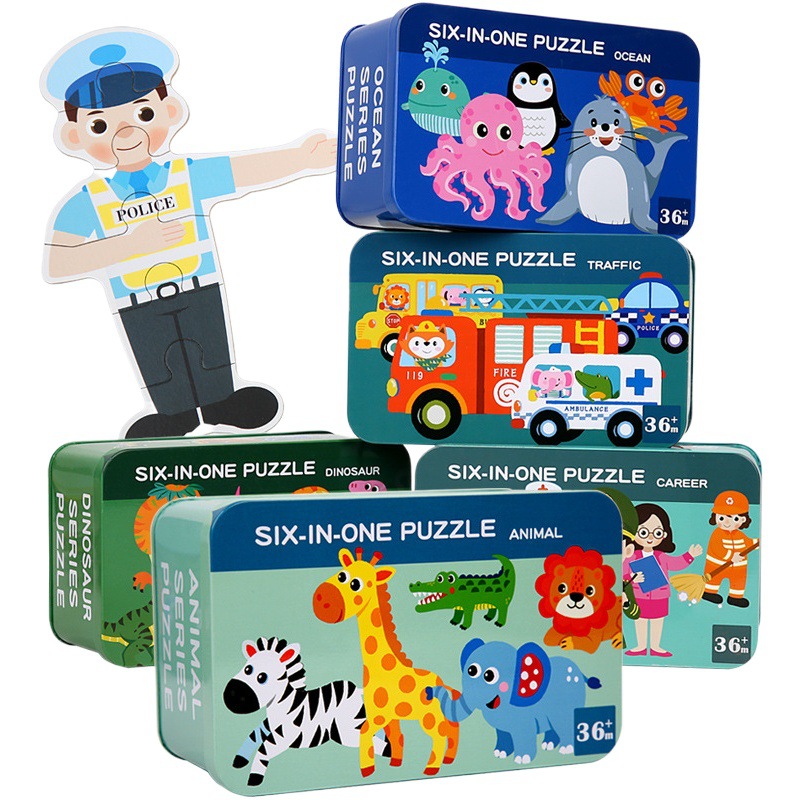 Dibujos animados para Niños hierro de madera en caja seis en uno rompecabezas dinosaurio animal rompecabezas bebé educación temprana juguete divertido fabricante