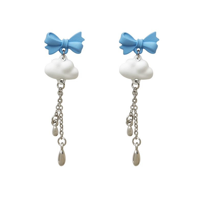 Self-designed Sterling Silver Needle Bow White Cloud Tassel Earrings Sweet Cute Fresh Paint Earrings H3985 display picture 11