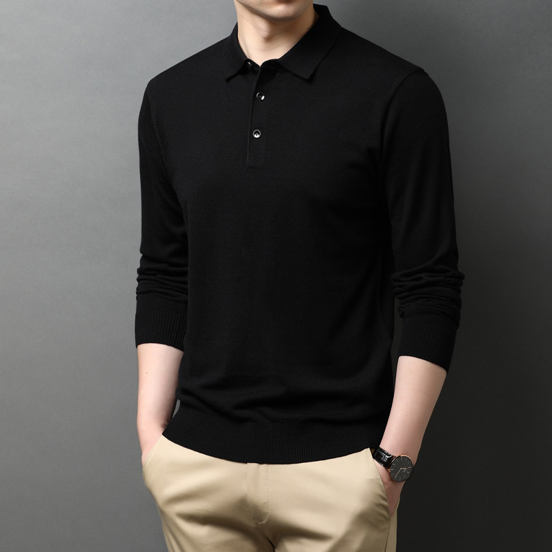 Suéter de lana para hombre 2025 Primavera y otoño Camiseta fina de manga larga para personas jóvenes y de mediana edad Suéter tipo polo de color puro con solapa de 6 lanas para hombres