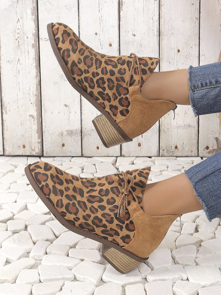 Große größe leopard print niedrigen ferse spitze kurze stiefel weibliche herbst und winter neue ein fuß steigbügel_voghion.com