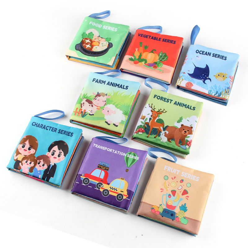 Libro de tela tridimensional para bebés juguetes de Educación Temprana de 4 lados de 8 páginas personaje de comida cognición animal libro de tela para bebés libro De Palma inglesa
