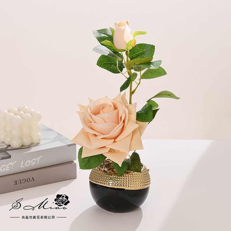 Flores falsas bonsái de rosas de alta gama de estilo europeo simulación de flores de moda decoración creativa decoración de plantas verdes artificiales simulación de macetas image 4