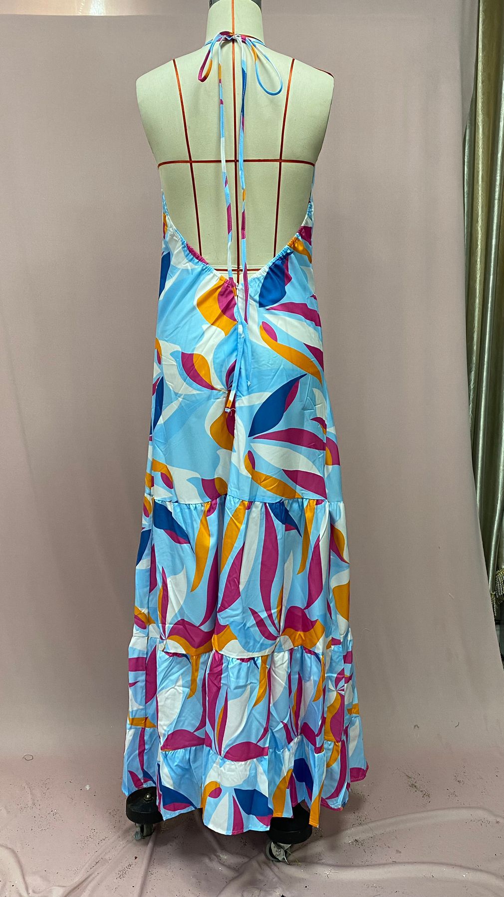 Summer Slimming Printed Dress Cinched Mid Length Dress Office Backless Slip Dress