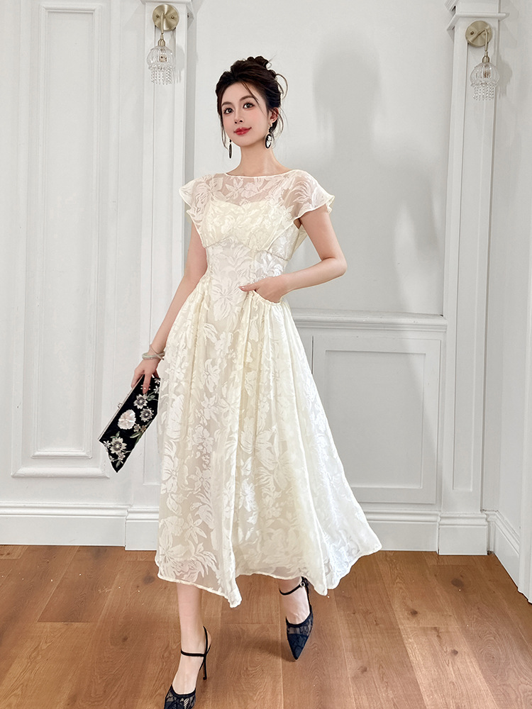 Đầm maxi nữ cổ tròn thắt eo giả hai mảnh dáng dài — mơ
