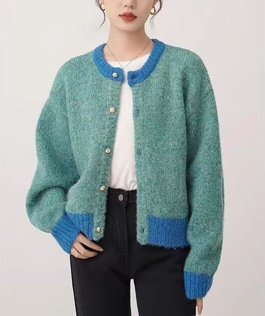 法式撞色毛衣外套女冬季新款慵懒风设计感小众软糯针织开衫|undefined