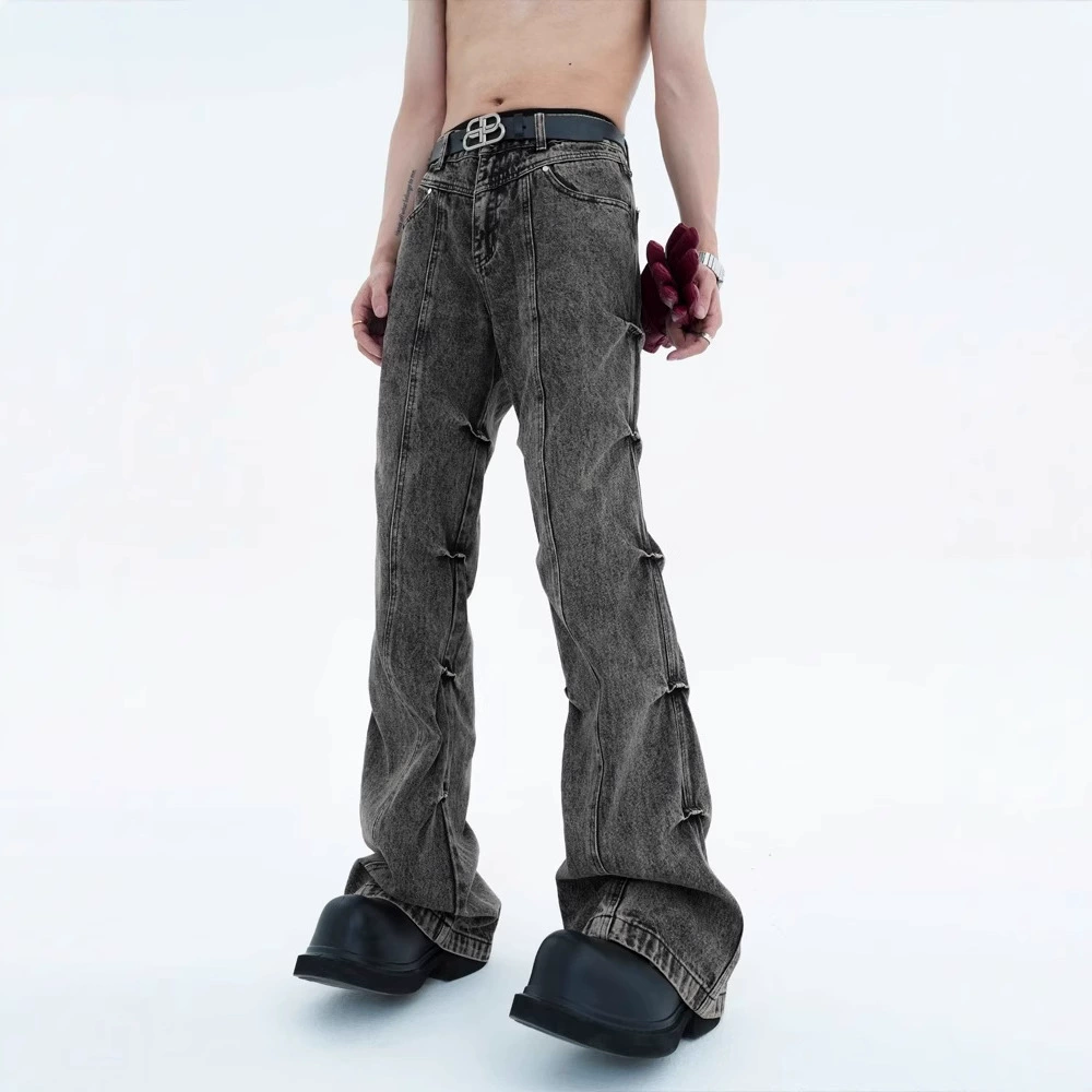 Американские ретро джинсы мужские весенние и осенние мальчики пустоши ветер складки дизайн брюки с длинными ногами расклешенные брюки