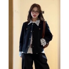 复古格纹拼接外套女秋季2025新款设计感休闲短款小个子夹克上衣潮