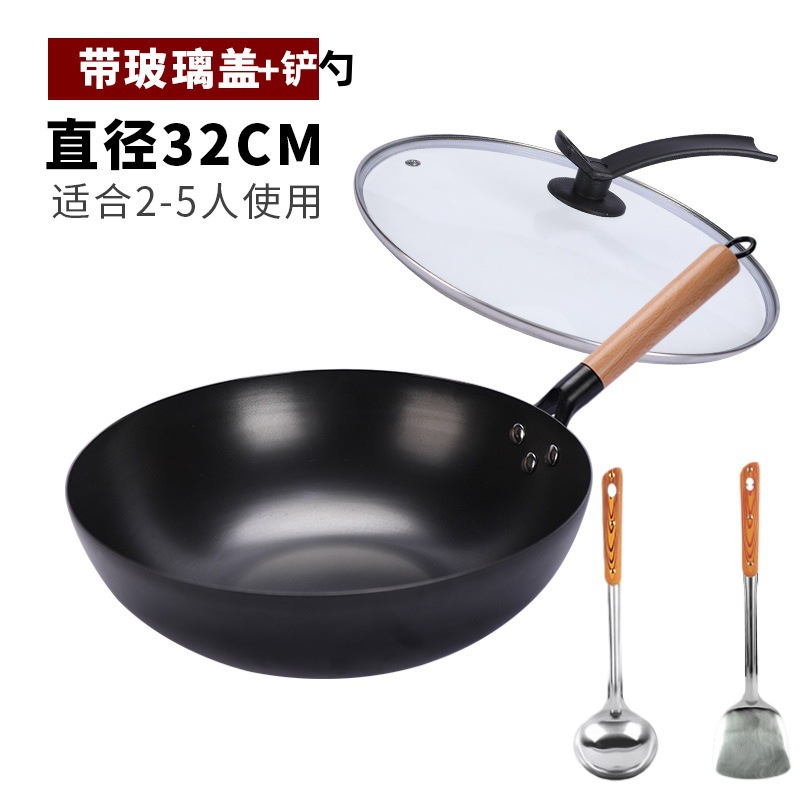 32cm 깊이 질화 평면 단일 냄비 + 유리 뚜껑 + 삽 + 숟가락 [냄비 준비]
