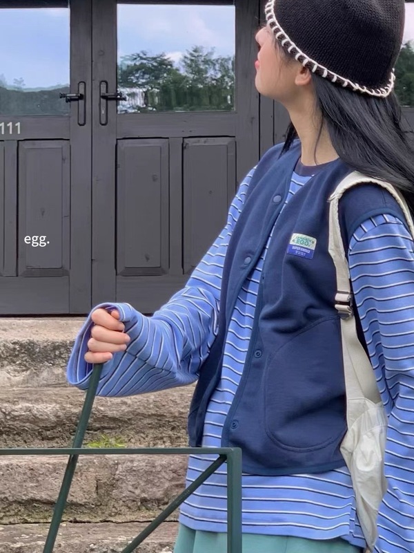 韩国订单EGG细条撞色圆领长袖T恤女 25秋冬新款百搭时尚内搭上衣|undefined