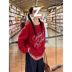 红色格子拼接假两件卫衣女秋冬新款设计感小众休闲慵懒风上衣外套