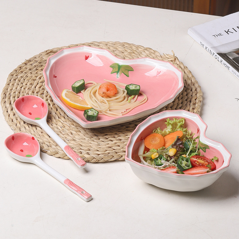 Creative Strawberry Bowl, Spoon, and Plate Set, Heart-Shaped Salad Bowl, Household Tableware, Ceramic Bowl, Strawberry Dessert, Amazon Creative Strawberry Bowl, Spoon, and Plate Set, Heart-Shaped Salad Bowl, Household Tableware, Ceramic Bowl, Strawberry Dessert, Amazon