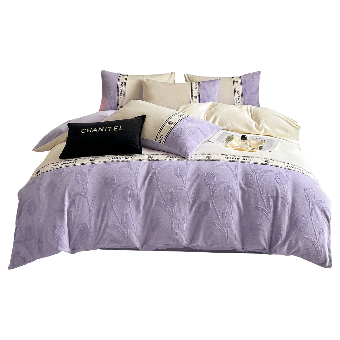 Invierno de doble cara engrosado cama de camisa de leche cuatro piezas de brida de coral rosa sábanas de camisa de cama esculpidas colcha de cama